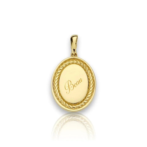 Graveerhanger Ovaal glans bewerkt 17 x 12,5 mm 14K Geelgoud - inclusief lettergravure