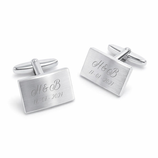 Zilveren Manchetknopen Gebolde Rechthoek met Datum en Lettergravure - Sterling Zilver