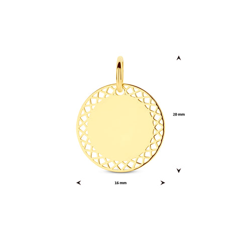 Graveerhanger Rond glans opengewerkt 16 mm 14K Geelgoud - met gravure naar keuze