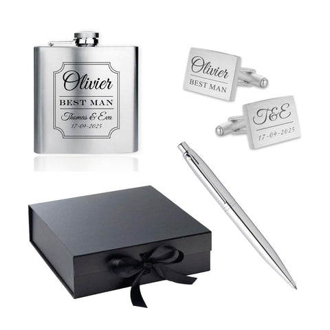 Giftbox Best Man - Manchetknopen, Heupfles en Pen inclusief gravure