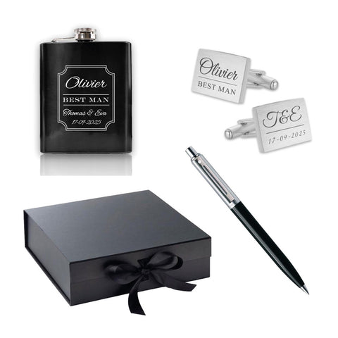 Giftbox Best Man - Manchetknopen, Heupfles en Pen inclusief gravure