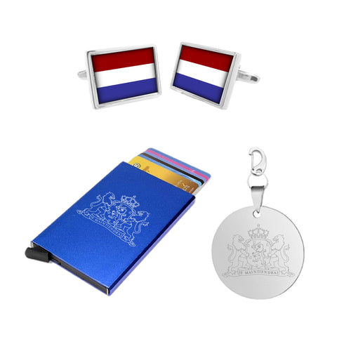 Holland 3-delige Giftset Koningsblauw Blauw | Manchetknopen, Creditcardhouder en Sleutelhanger