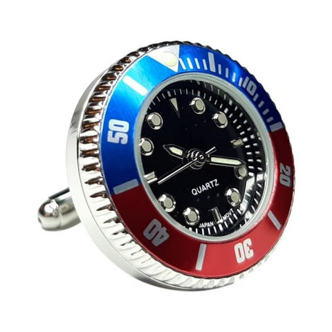 Manchetknopen Horloge Quartz Blauw en Rood (Echt werkend)