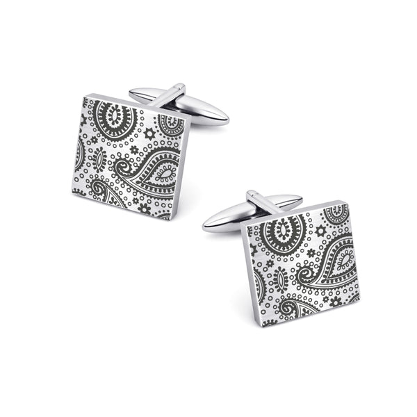 Zilverkleurige Manchetknopen met Paisley Motief – Zwart