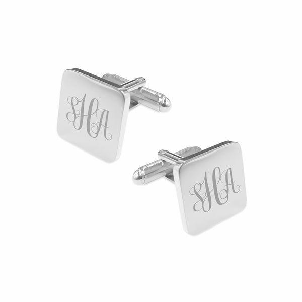 Manchetknopen Vierkant glans afgeronde hoeken met Monogram gravure - Zilverkleurig