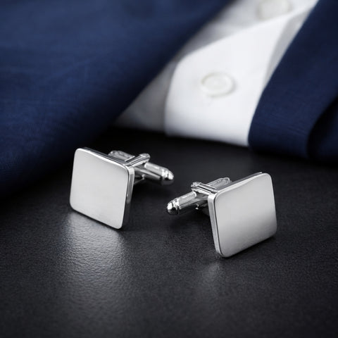 Manchetknopen Vierkant Glans afgeronde hoeken met Initialen en Datum gravure - Zilverkleurig
