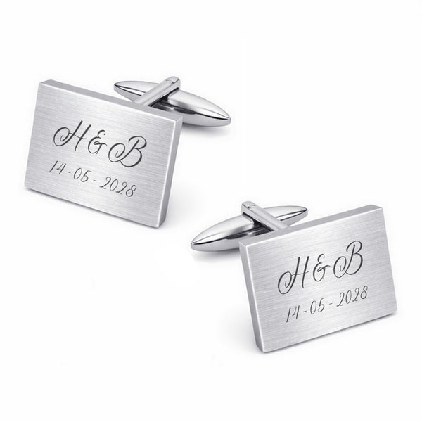 Rechthoekige Zilverkleurige Manchetknopen met Matte Afwerking en Persoonlijke Gravure