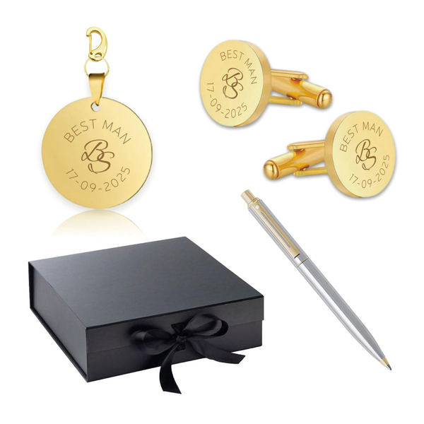 Leverbaar vanaf 2 september -Giftbox Best Man - Manchetknopen, Sleutelhanger en Pen inclusief gravure