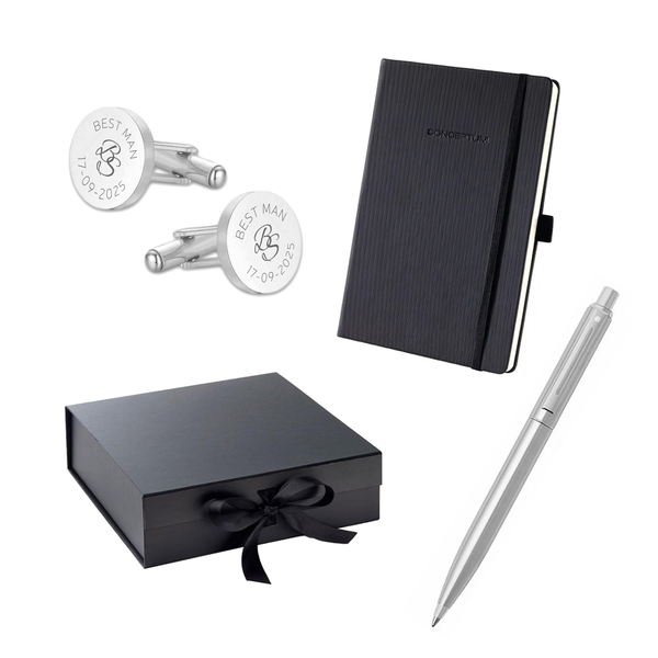 Driedelige cadeau set voor de Best Man- Manchetknopen en Schaeffer Pen inclusief gravure met Notitieboek