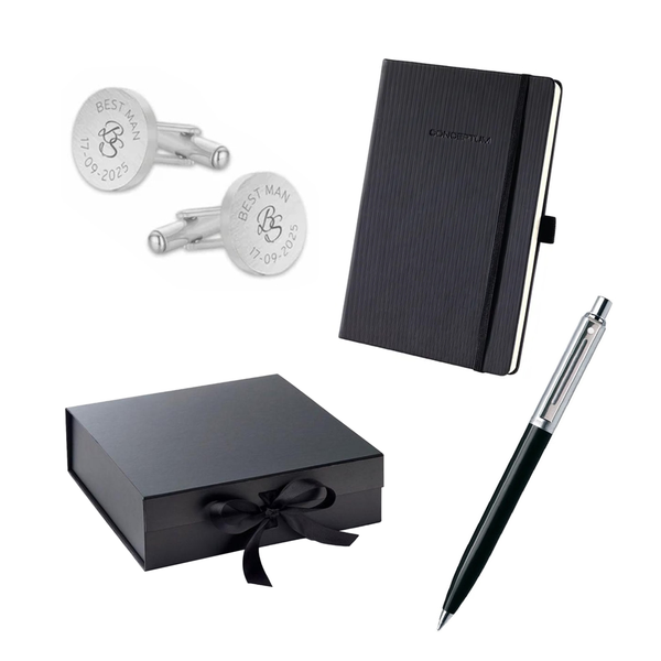 Driedelige cadeau set voor de Best Man- Manchetknopen en Schaeffer Pen inclusief gravure met Notitieboek