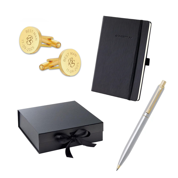 Driedelige cadeau set voor de Best Man- Manchetknopen en Schaeffer Pen inclusief gravure met Notitieboek