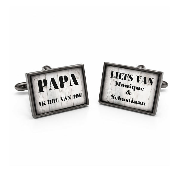 Tijdelijk niet leverbaar - Manchetknopen eigen tekst of initialen - Steigerhout achtergrond