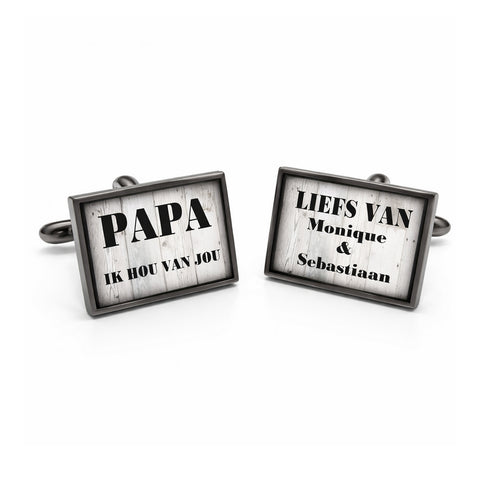 Tijdelijk niet leverbaar - Manchetknopen eigen tekst of initialen - Steigerhout achtergrond