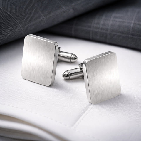 Manchetknopen Rechthoek Mat afgeronde hoeken met uw Familiewapen gravure - Zilverkleurig