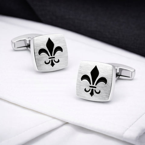 Manchetknopen Fleur-de-Lys Zilverkleurig mat met zwart