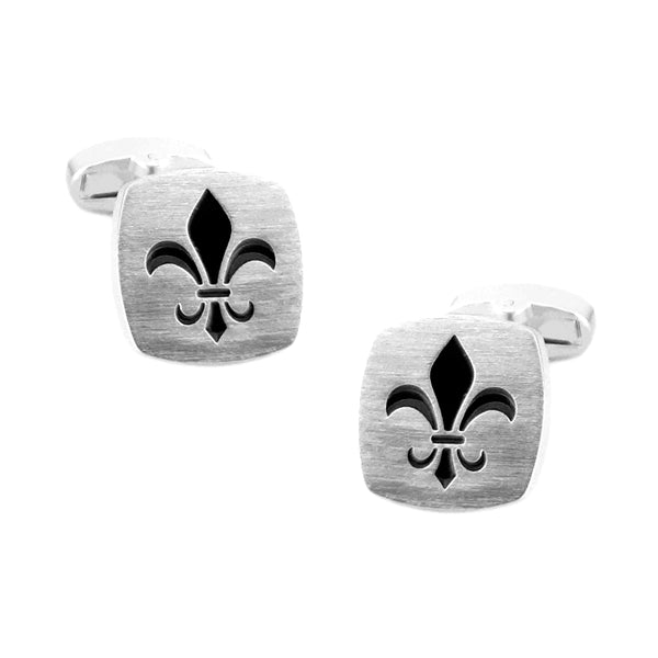 Manchetknopen Fleur-de-Lys Zilverkleurig mat met zwart