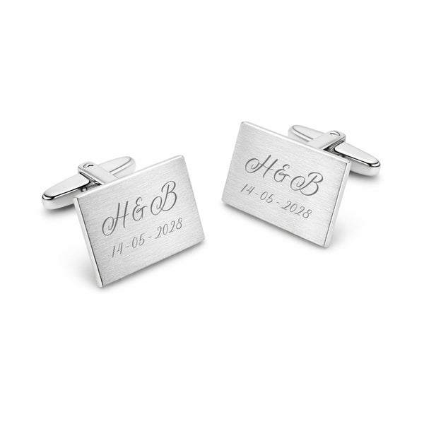 Zilveren Manchetknopen Rechthoek met Datum en Lettergravure - Sterling Zilver
