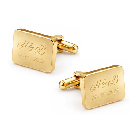 Tijdelijk uitverkocht - Manchetknopen Rechthoek Glans afgeronde hoeken met Datum en Lettergravure - Goudkleurig