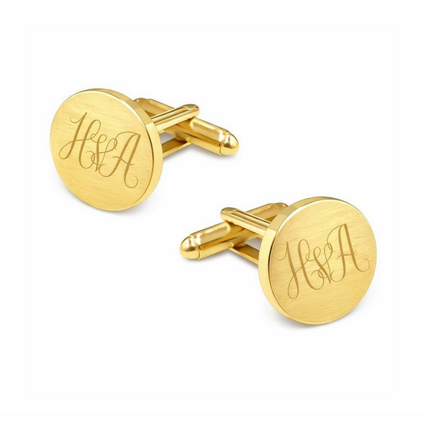 Manchetknopen Rond Mat met Monogram gravure  - Goudkleurig