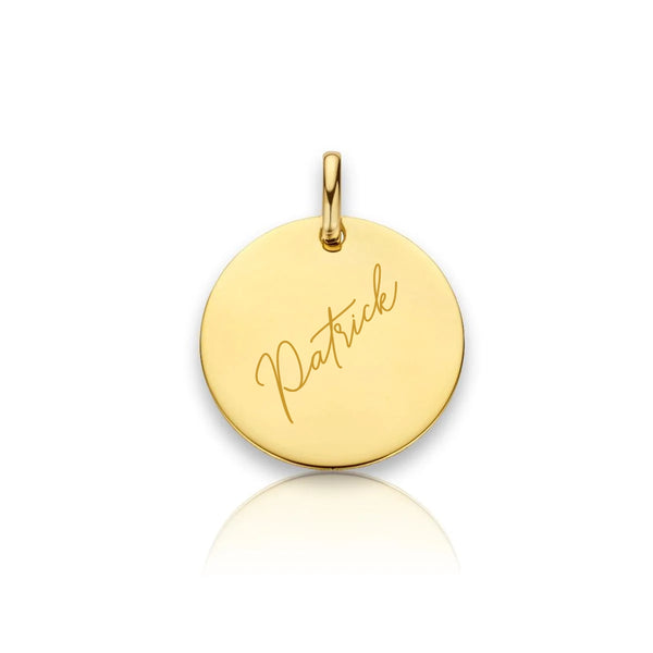 Graveerhanger Rond glans 18 mm 14K Geelgoud - inclusief lettergravure