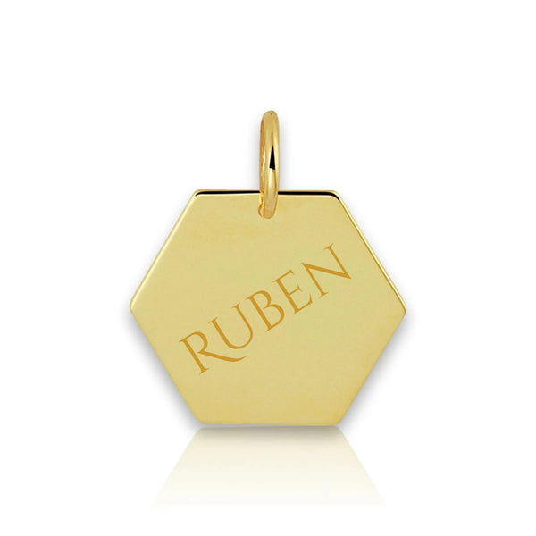 Graveerhanger Zeshoek van 14 Karaat Glanzend Geelgoud - Formaat 13 x 11,5 mm - Inclusief lettergravure