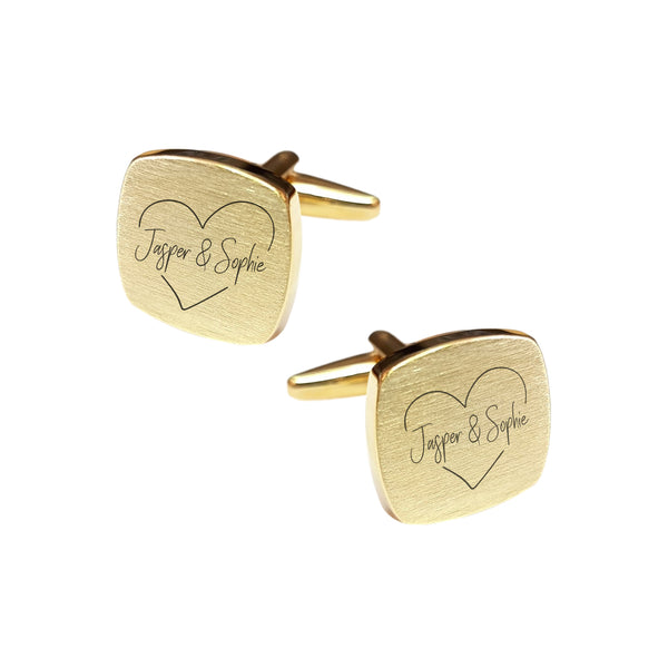 Manchetknopen Vierkant Mat afgeronde hoeken met gravure hart en twee namen - Goudkleurig