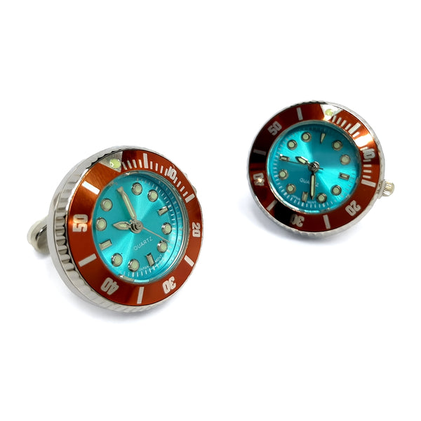 Manchetknopen met Echt Werkend Horloge - Brons/Bruin met Aqua Wijzerplaat Quartz Ø 2,5 cm)