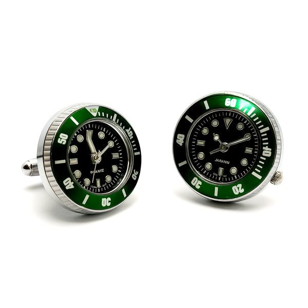 Manchetknopen met Echt Werkend Horloge - Groen met Zwarte Wijzerplaat Quartz (Ø 2,5 cm)