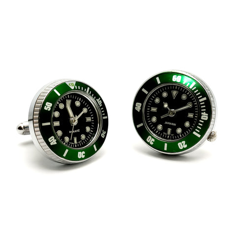 Manchetknopen met Echt Werkend Horloge - Groen met Zwarte Wijzerplaat Quartz (Ø 2,5 cm)