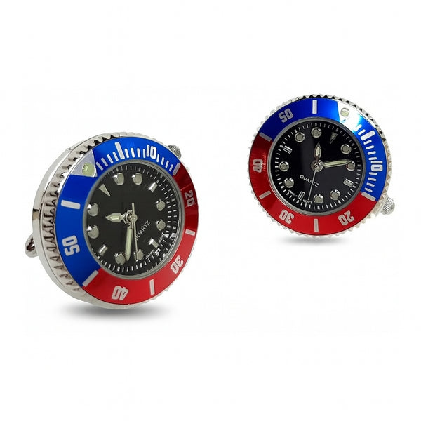 Manchetknopen met Echt Werkend Horloge – Rood met Blauw en Zwarte Wijzerplaat Quartz (Ø 2,5 cm)