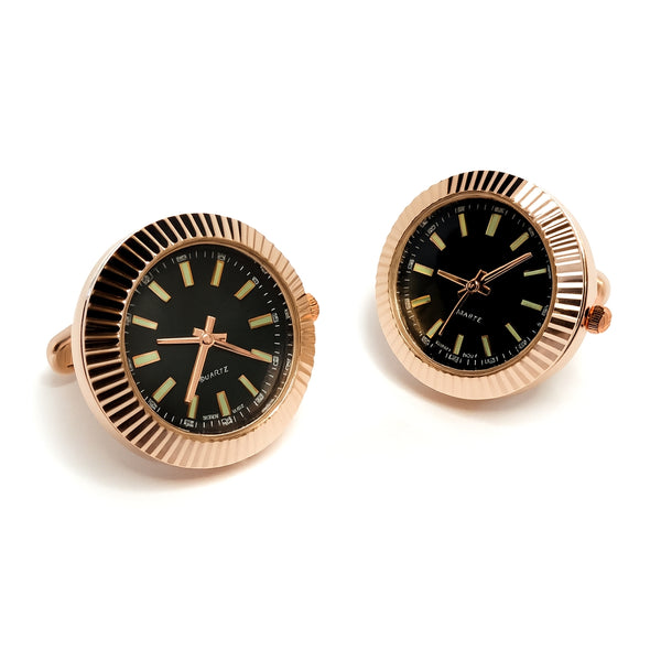 Manchetknopen met Echt Werkend Horloge-  Brons/Rosekleurig met Zwarte Wijzerplaat (Ø 2,5 cm)