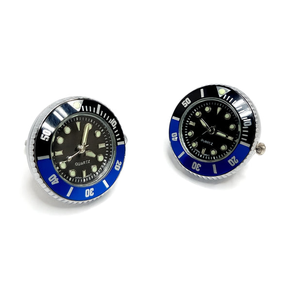 Manchetknopen met Echt Werkend Horloge - Blauw-Zwart met Zwarte Wijzerplaat Quartz (Ø 2,5 cm)