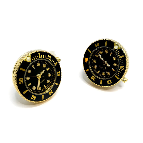 Manchetknopen met Echt Werkend Horloge - Goudkleurig met Zwarte Wijzerplaat Quartz (Ø 2,5 cm)