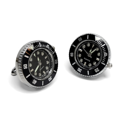 Manchetknopen met Echt Werkend Horloge - Zwart met met Zwarte Wijzerplaat Quartz (Ø 2,5 cm)