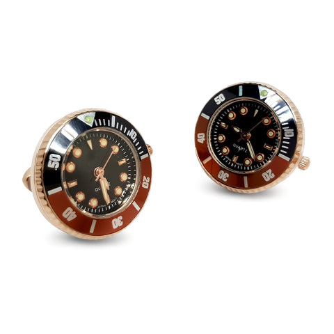 Manchetknopen Horloge Quartz Zwart en Bruin/Brons (Echt werkend)(Ø 2,5 cm)