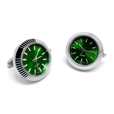 Manchetknopen met Echt Werkend Horloge - Zilverkleurig met Groene wijzerplaat (Ø 2,5 cm)