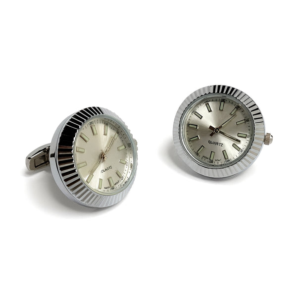 Manchetknopen met Echt Werkend Horloge - Zilverkleurig met Wit/Creme Wijzerplaat (Ø 2,5 cm)