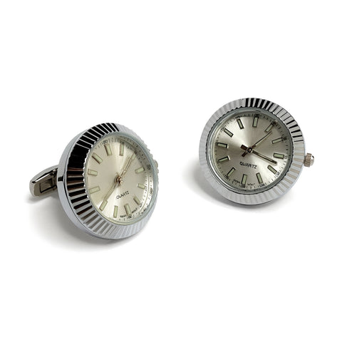 Manchetknopen met Echt Werkend Horloge - Zilverkleurig met Wit/Creme Wijzerplaat (Ø 2,5 cm)