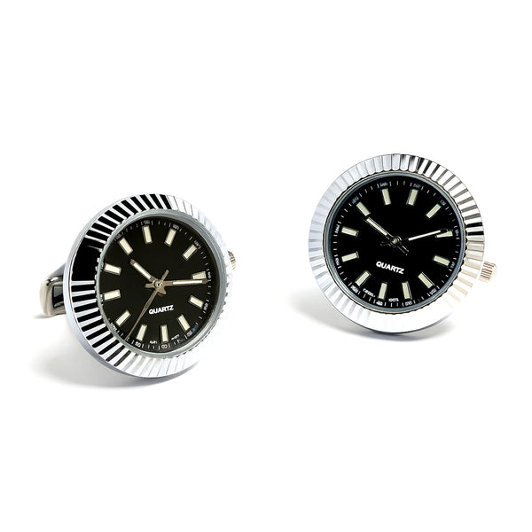 Manchetknopen met Echt Werkend Horloge - Zilverkleurig met Zwarte Wijzerplaat (Ø 2,5 cm)