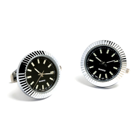 Manchetknopen met Echt Werkend Horloge - Zilverkleurig met Zwarte Wijzerplaat (Ø 2,5 cm)