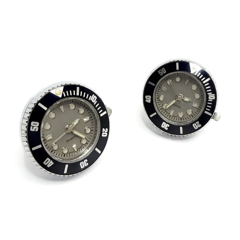 Manchetknopen met Echt Werkend Horloge - Zwart met Grijze Wijzerplaat Quartz (Ø 2,5 cm)