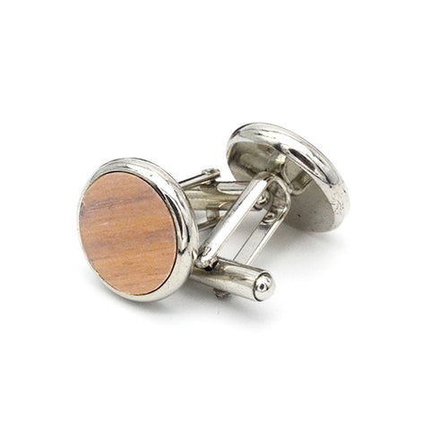 Ronde Manchetknopen met Houten Inlay – Zilverkleurig 15 mm  Licht hout