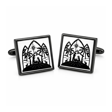 Manchetknopen Kerststal Zwart-Wit