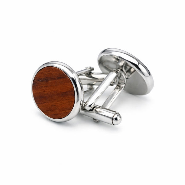 Ronde Manchetknopen met Houten Inlay – Zilverkleurig 15 mm