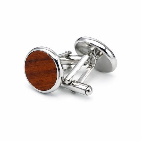 Ronde Manchetknopen met Houten Inlay – Zilverkleurig 15 mm