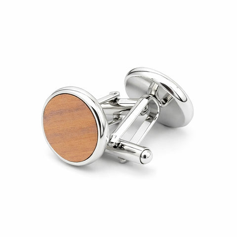 Ronde Manchetknopen met Houten Inlay – Zilverkleurig 15 mm  Licht hout