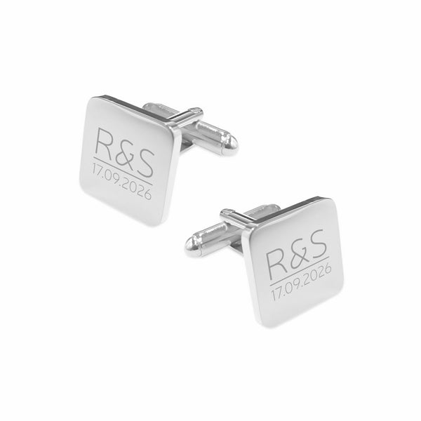 Manchetknopen Vierkant Glans afgeronde hoeken met Initialen en Datum gravure - Zilverkleurig