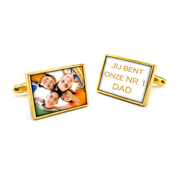 Tijdelijk niet leverbaar - Manchetknopen eigen foto en tekst - Rechthoek goudkleurig