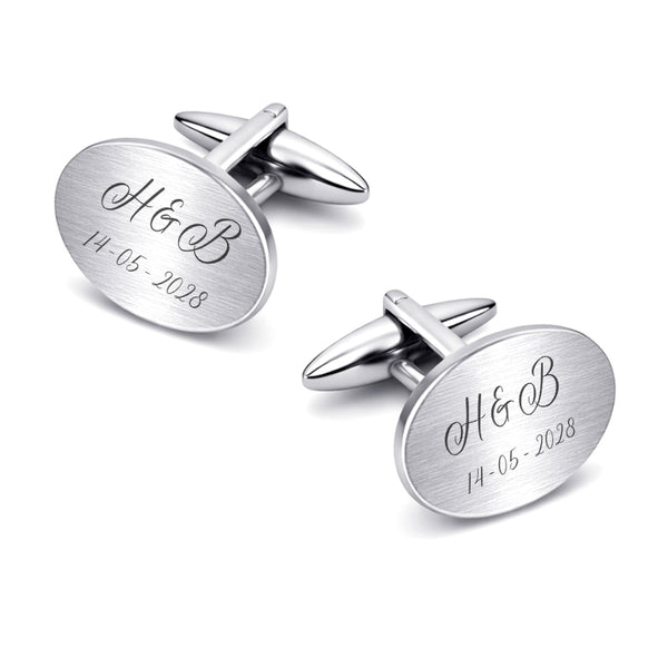 Manchetknopen Ovaal Mat met Datum en Lettergravure- Zilverkleurig