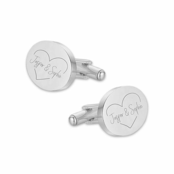Manchetknopen Ovaal Glans Hartvorm met twee namen - Zilverkleurig